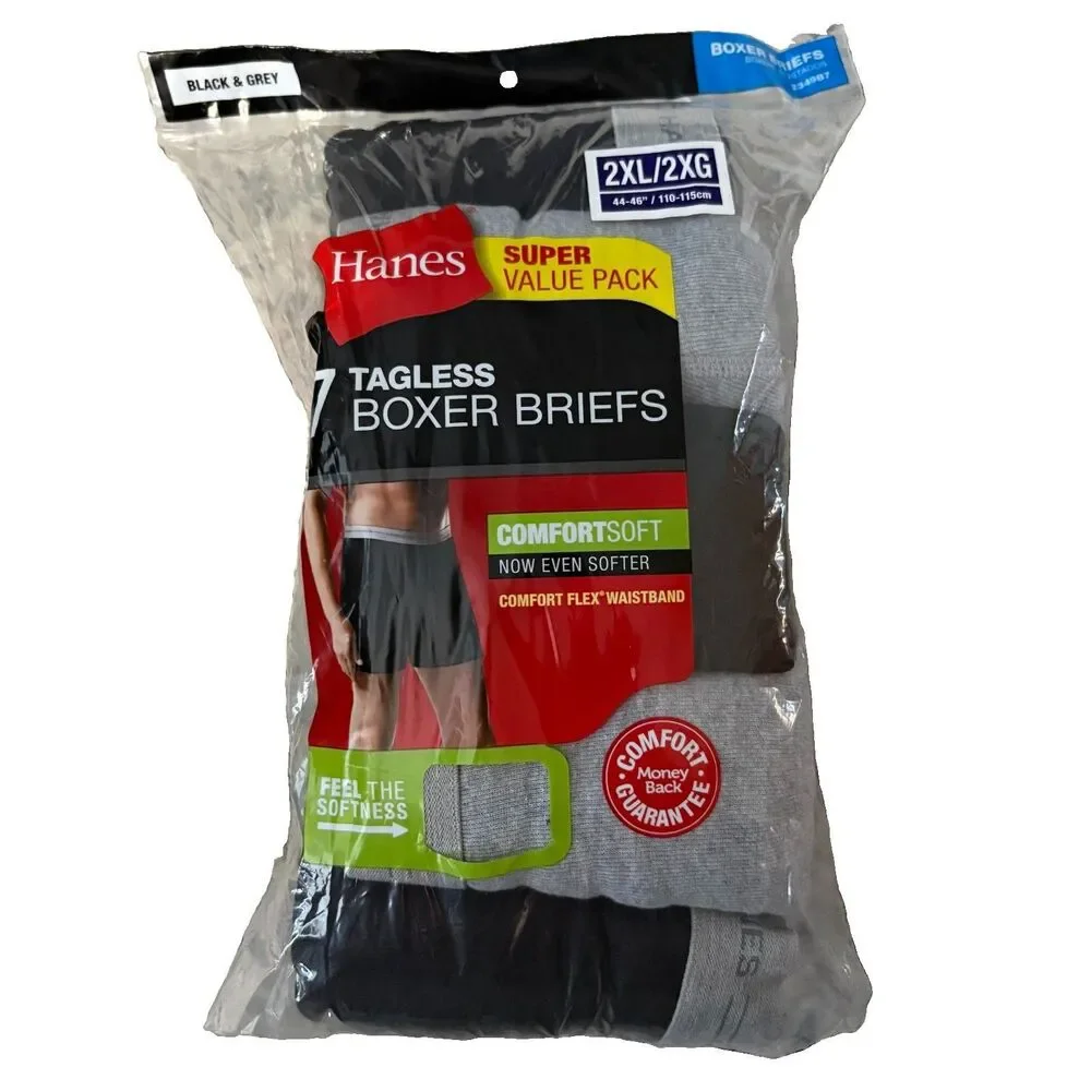 Hanes Mens Boxer Briefs 2XL ~ 7 PR Comfort Soft Tagless Black & Grey Cotton